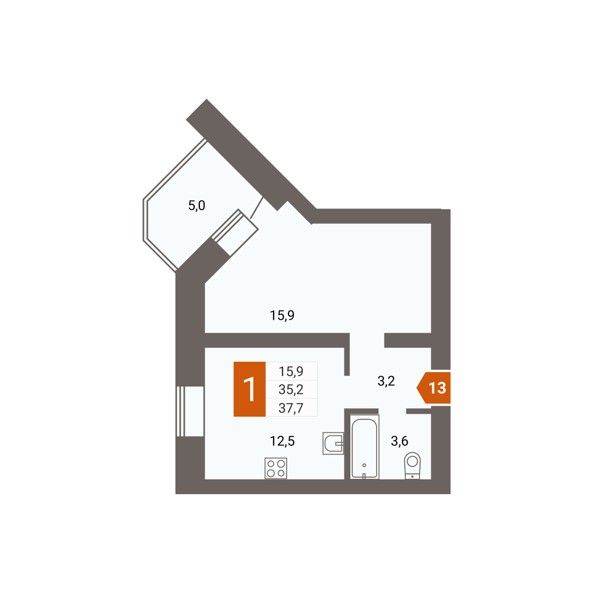 Купить 1-комнатную квартиру № 13 в ​3-й микрорайон, дом 21, цена 5 278 000  руб.